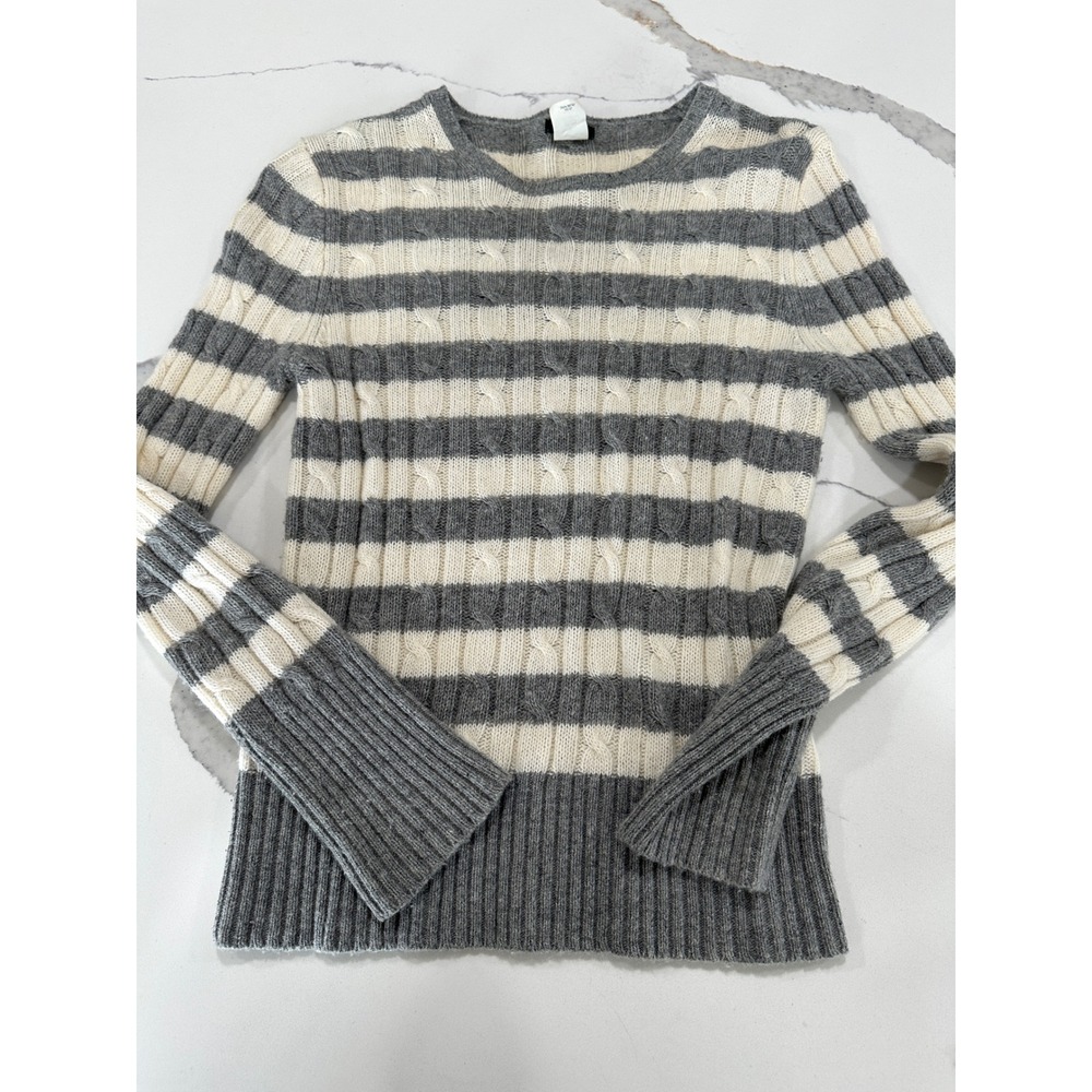 J.Crew Womens Grey Cream Striped Cable‎ Knit Wool Cashmere Sweater Small